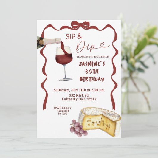 Whimsical Bow Wine Sip en Dip verjaardagsuitnodigi Kaart (Staand voorkant)