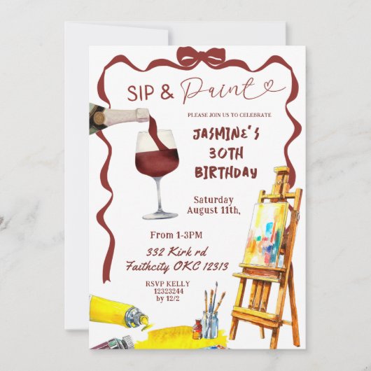 Whimsical Bow Wine Sip en Paint Verjaardag Kaart (Voorkant)