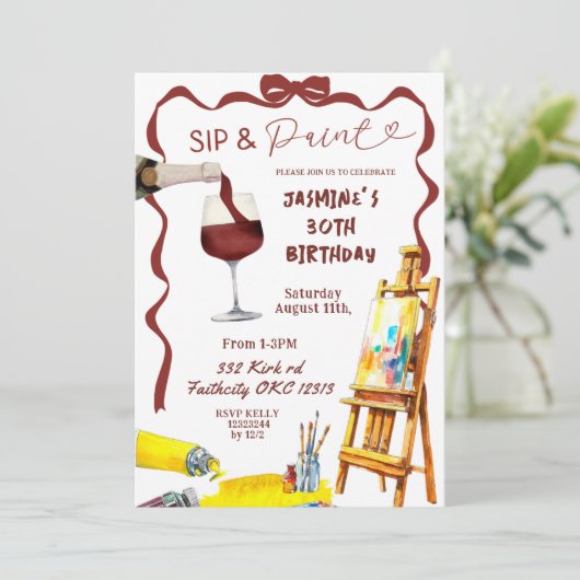 Whimsical Bow Wine Sip en Paint Verjaardag Kaart (Staand voorkant)