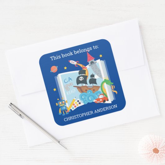 Whimsical Boy Bookplate Vierkante Sticker (Envelop)