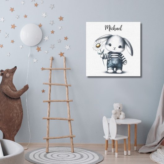 Whimsical Boy Bunny met naam Canvas Afdruk