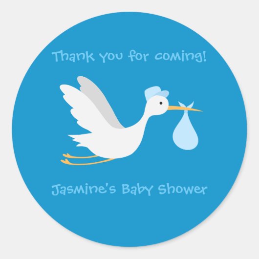 Whimsical Boy Stork Baby shower Ronde Sticker (Voorkant)