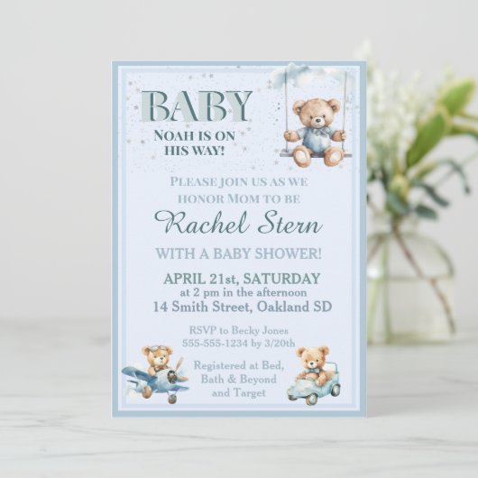 Whimsical Boy Teddy Bear Baby shower Uitnodiging (Staand voorkant)