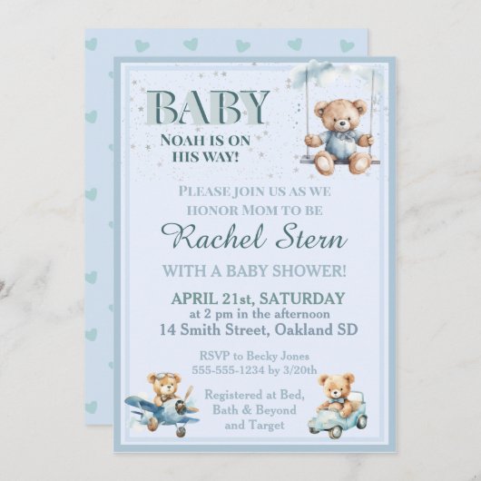 Whimsical Boy Teddy Bear Baby shower Uitnodiging (Voorkant / Achterkant)