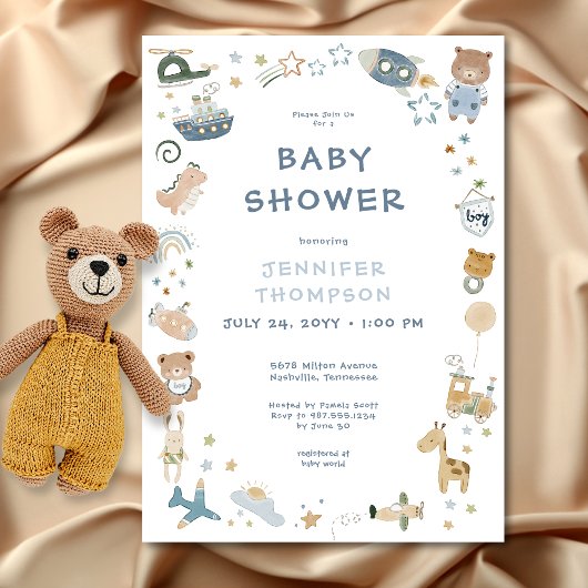 Whimsical Boy Waterverf Doodle Baby shower Kaart