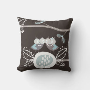 Whimsical Bride Groom Blue Wedding Owls Cushion Kussen