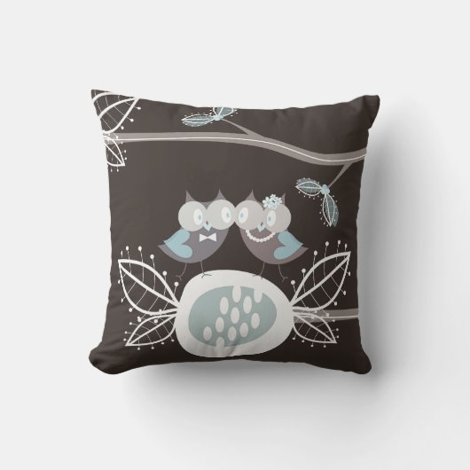 Whimsical Bride Groom Blue Wedding Owls Cushion Kussen (Voorkant)
