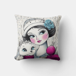 Whimsical Bright Pink Cheek Young Girl en haar kat Kussen