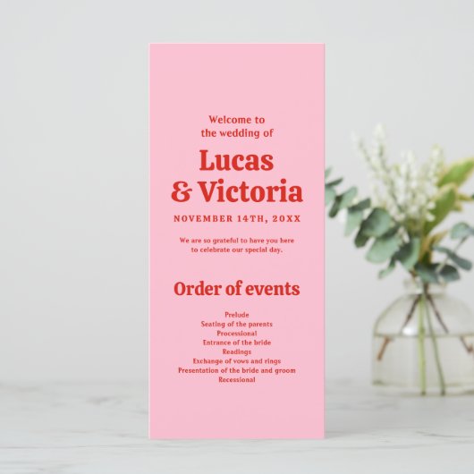 Whimsical Bright Red en Pink Wedding Programma (Staand voorkant)