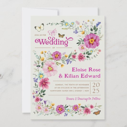 Whimsical Bright Wildflower Meadow Bruiloft Kaart (Voorkant)