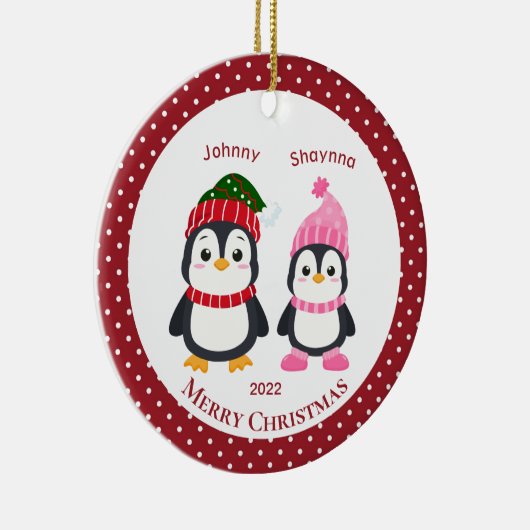 Whimsical Brother & Sister Penguins Personalized C Keramisch Ornament (Rechts)