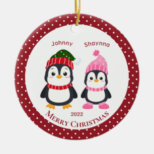 Whimsical Brother & Sister Penguins Personalized C Keramisch Ornament