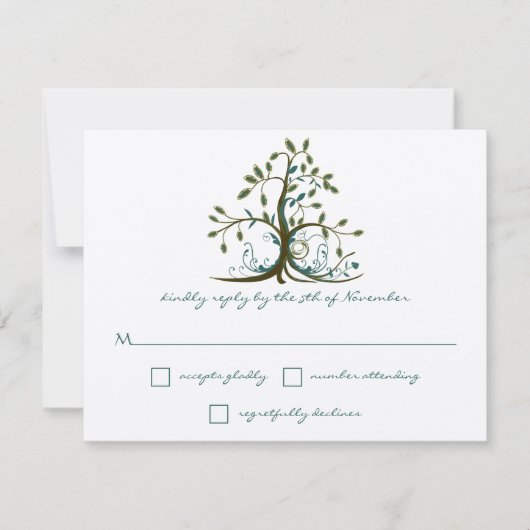 Whimsical Brown Blauwgroen Green Tree Wedding RSVP (Voorkant)