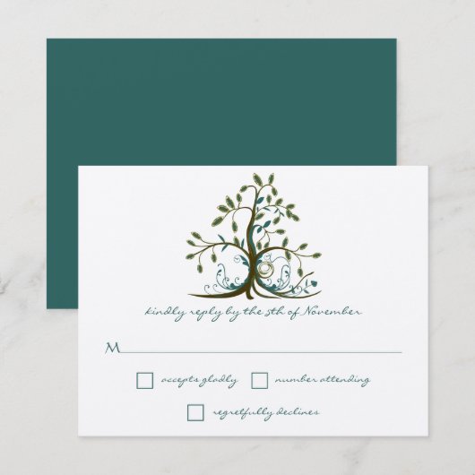 Whimsical Brown Blauwgroen Green Tree Wedding RSVP (Voorkant / Achterkant)