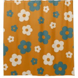Whimsical Brown & Blue Floral Retro, vrolijk Douchegordijn