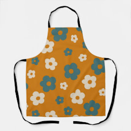 Whimsical Brown & Blue Floral Retro, vrolijk Schort