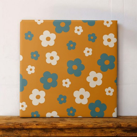 Whimsical Brown & Blue Floral Retro, vrolijk Tegeltje
