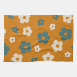 Whimsical Brown & Blue Floral Retro, vrolijk Theedoek