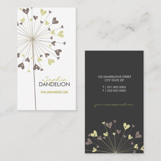 Whimsical Brown Dandelions Love Hearts Moderne Chi Visitekaartje (Voorkant / Achterkant)