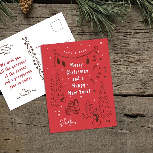 Whimsical Brown & Red Christmas Scene Briefkaart