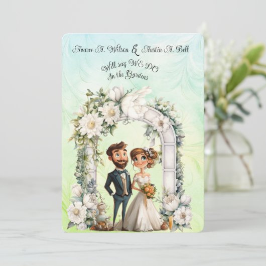 Whimsical bruid bruidegom bruiloft boog blauw groe kaart (Staand voorkant)