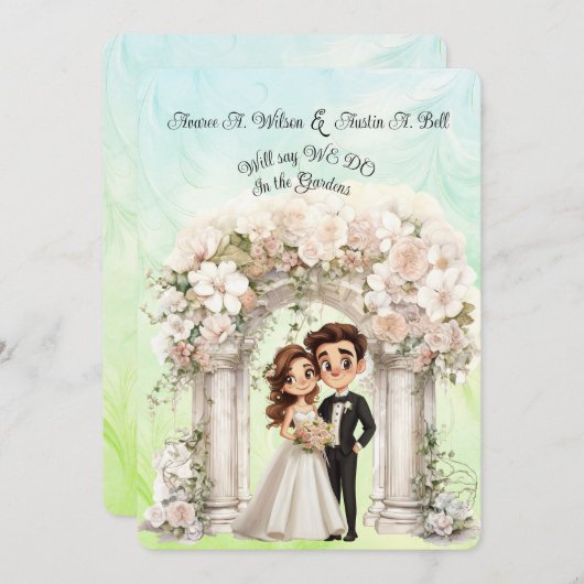 Whimsical bruid bruidegom bruiloft boog blauw groe kaart (Voorkant / Achterkant)