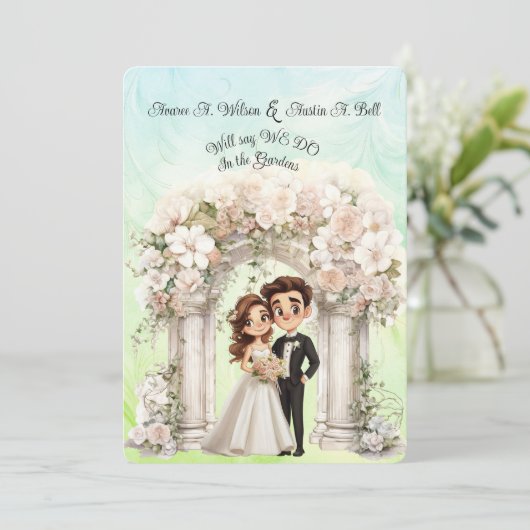 Whimsical bruid bruidegom bruiloft boog blauw groe kaart (Staand voorkant)