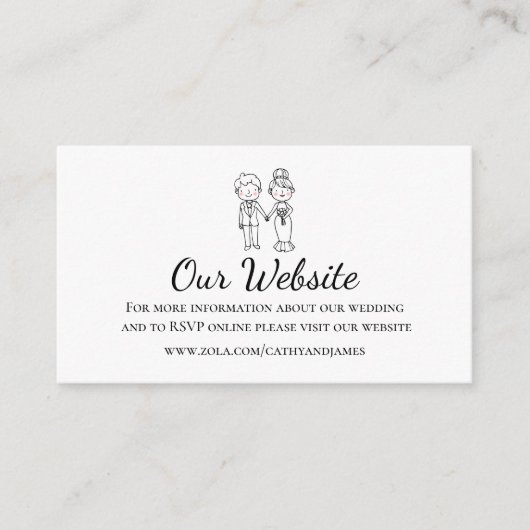 Whimsical bruid bruidegom zwart wit bruiloft websi informatiekaartje (Voorkant)