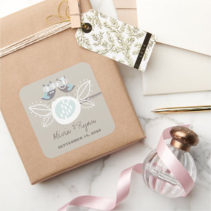 Whimsical bruiloft Schattigee uilen op tak blauwe Vierkante Sticker