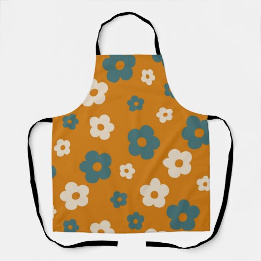 Whimsical Bruin & Blauwe Bloemige Retro, Opgewekt Schort (Voorkant)