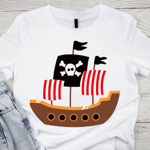 Whimsical Bruin en Rood Piratenschip T-shirt