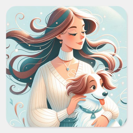 Whimsical Brunette & Cavalier King Charles Spaniel Vierkante Sticker (Voorkant)