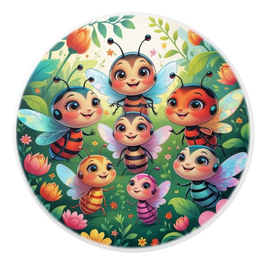 Whimsical Bug Kinderen in een weelderige tuin Keramische Knop (Voorkant)