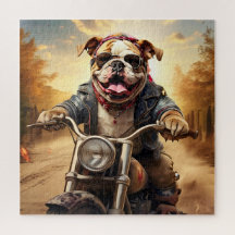 Whimsical Bulldog Chopper Rijden op een Motorcycle