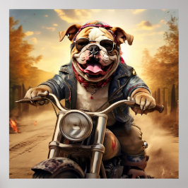 Whimsical Bulldog Chopper Rijden op een Motorcycle Poster