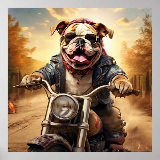 Whimsical Bulldog Chopper Rijden op een Motorcycle Poster (Voorkant)