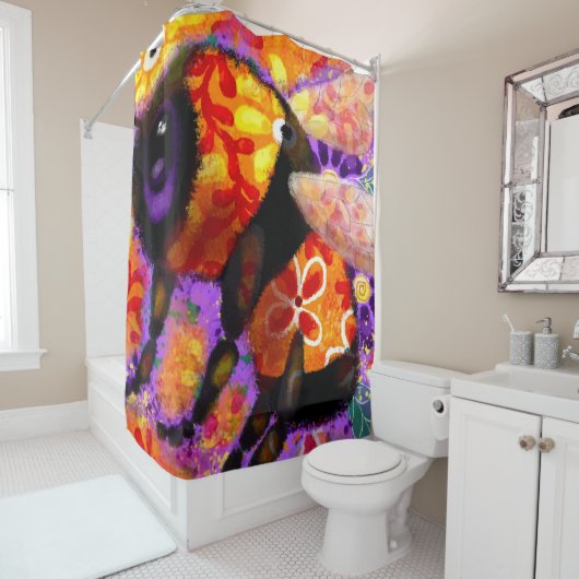 Whimsical Bumble Bee Bloemen Rood Geel Paarse Douchegordijn (In situ)