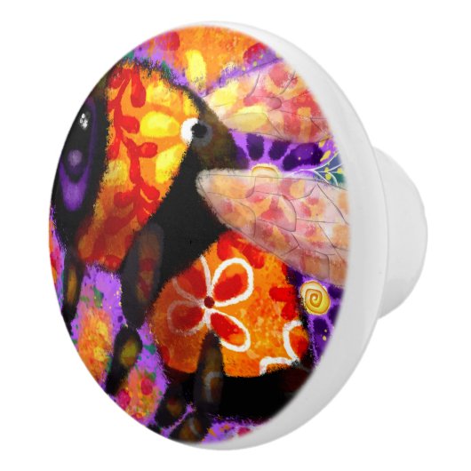 Whimsical Bumble Bee Bloemen Rood Geel Paarse Keramische Knop (Rechts)