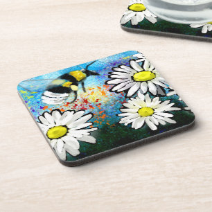 Whimsical Bumble Bee Daisies Bloemen Blauw Wit Bier Onderzetter