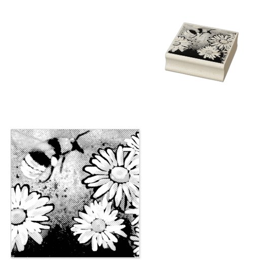 Whimsical Bumble Bee Daisies Bloemen Blauw Wit Rubberstempel (Gestempeld)