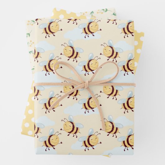 Whimsical Bumble Bee en Honeycomb Floral Inpakpapier Vel (In situ)