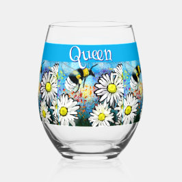 Whimsical Bumble Bee in Daisies gepersonaliseerd Wijnglas Zonder Voet