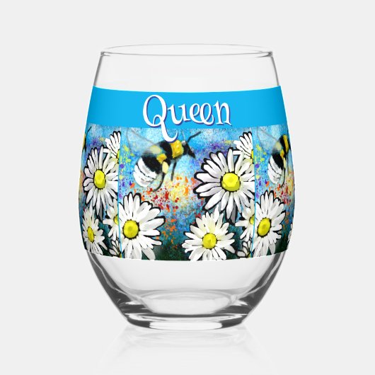 Whimsical Bumble Bee in Daisies gepersonaliseerd Wijnglas Zonder Voet (Voorkant)