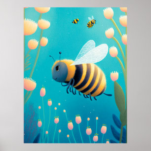 Whimsical Bumble Bees and Flowers Poster