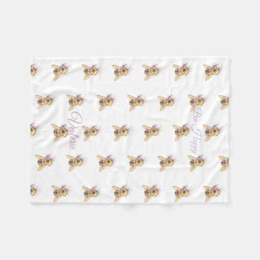 Whimsical Bumblebee & Wildflowers "Bee Happy" Fleece Deken (Voorkant (Horizontaal))