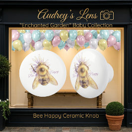 Whimsical Bumblebee & Wildflowers "Bee Happy" Keramische Knop