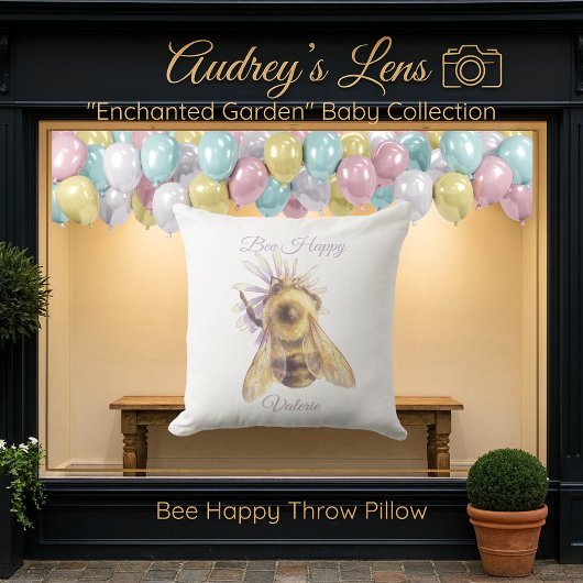 Whimsical Bumblebee & Wildflowers "Bee Happy" Kussen