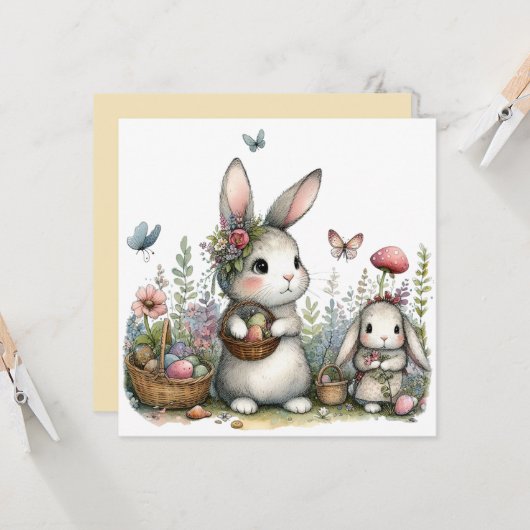 Whimsical Bunnies and Eggs Flowers Easter Greeting Kaart (Voorkant / Achterkant in situ)
