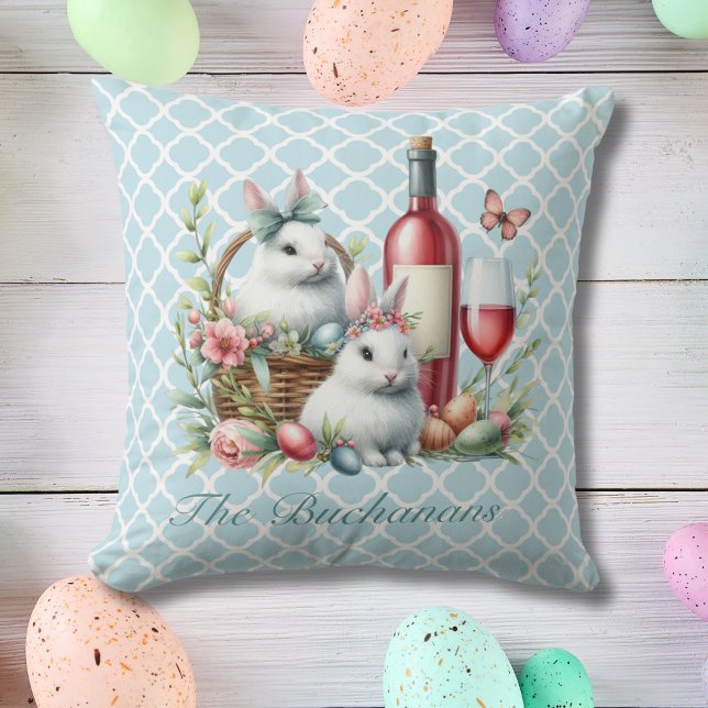 Whimsical Bunnies & Wine Easter Sierkussen (Bunnies and wine editable name pillow)