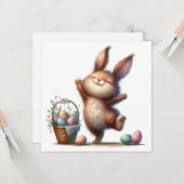 Whimsical Bunny and Basket of Eggs Easter Greeting Kaart (Voorkant / Achterkant in situ)